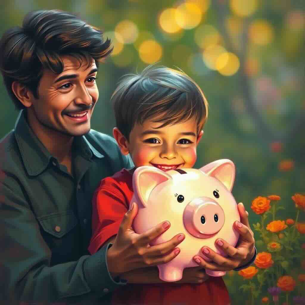 Leo mirando la hucha con su Tio. Educación financiera infantil
